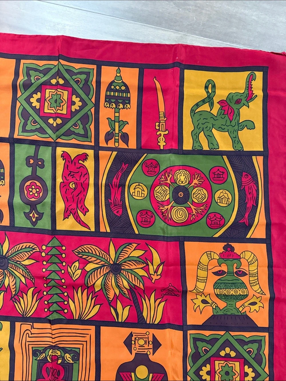 Vintage Doncaster 100% Silk Scarf – Vibrant Red Multi-Color Ethnic/Tribal Print